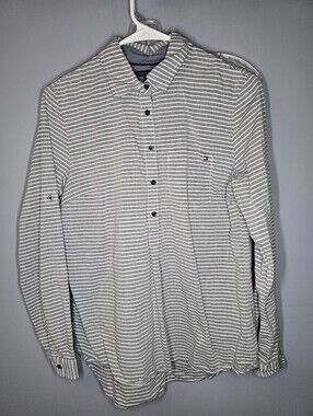 Tommy Hilfiger Striped Pullover Chambray Blouse/Shirt-Womens SMALL-Grey/White